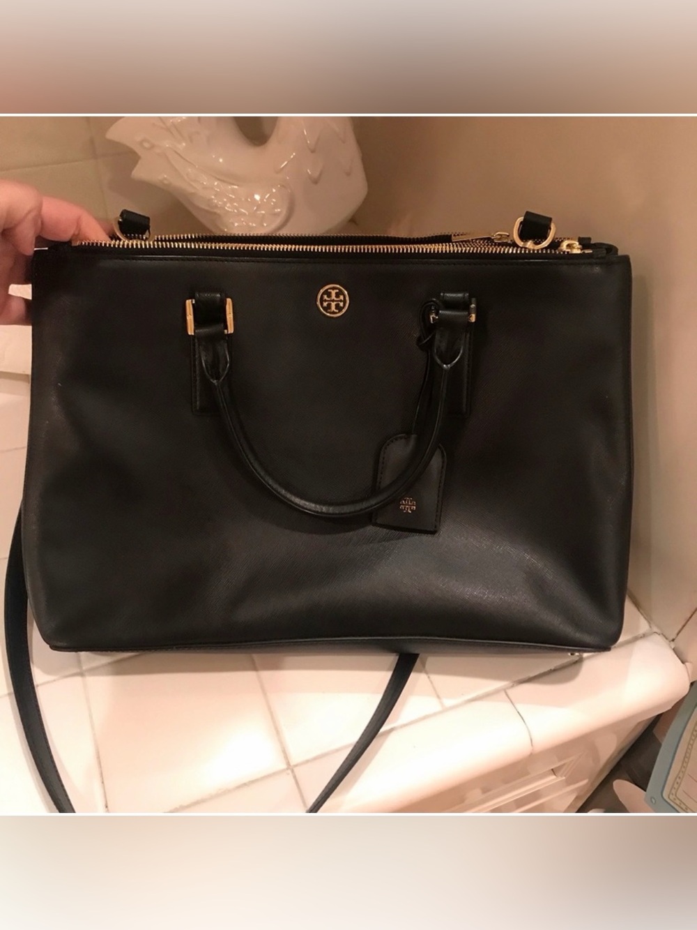 Tory Burch Black Leather Top-Zip Satchel with Gold Hardware